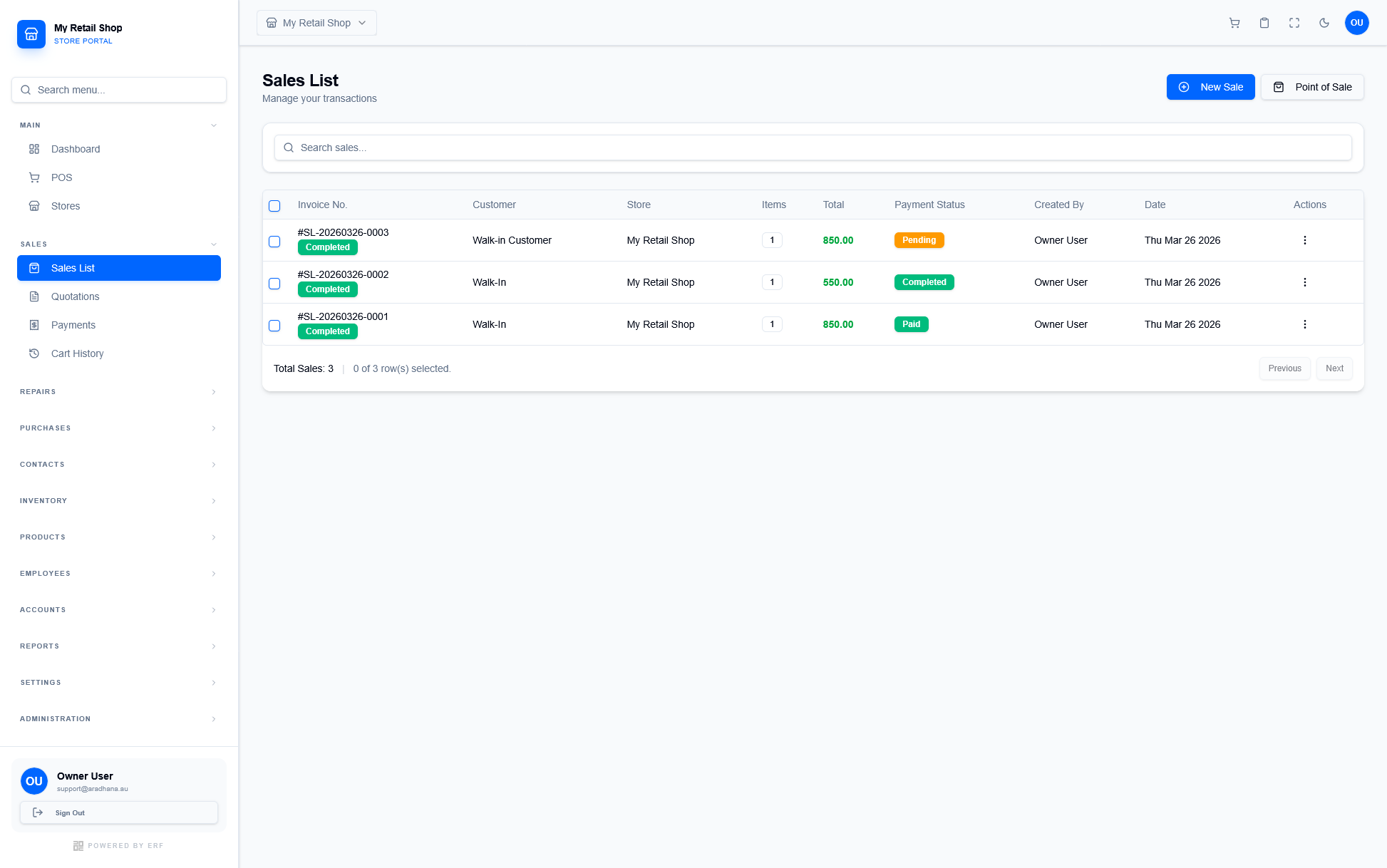 Sales List Interface