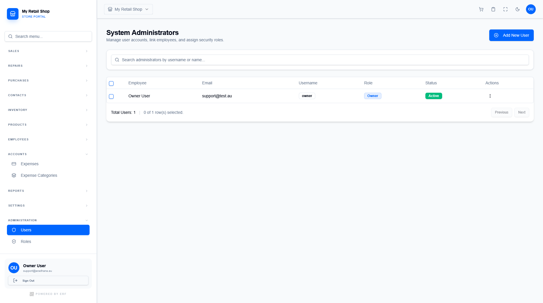 System Administrators List interface