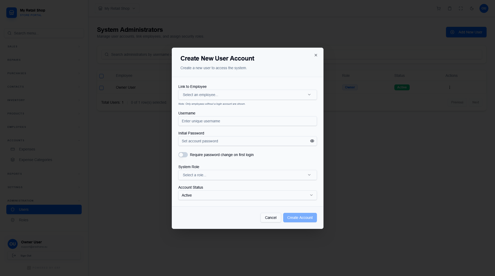 Create New User Modal