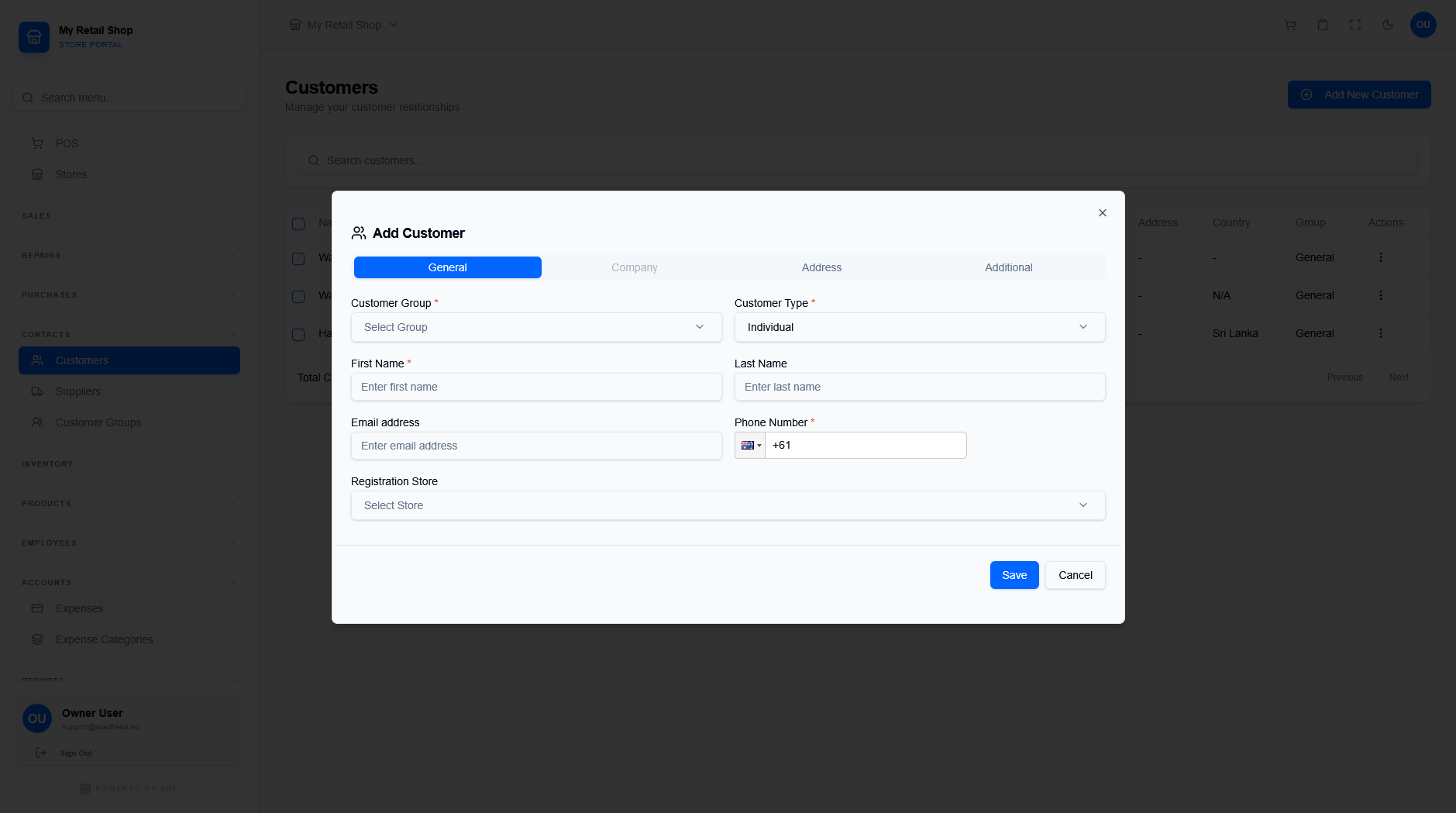 Add Customer Modal - General Tab