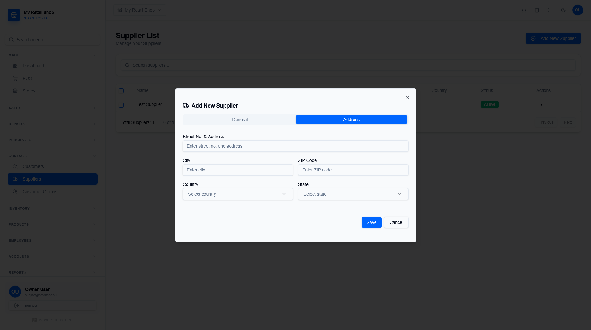 Add Supplier Modal - Address Tab