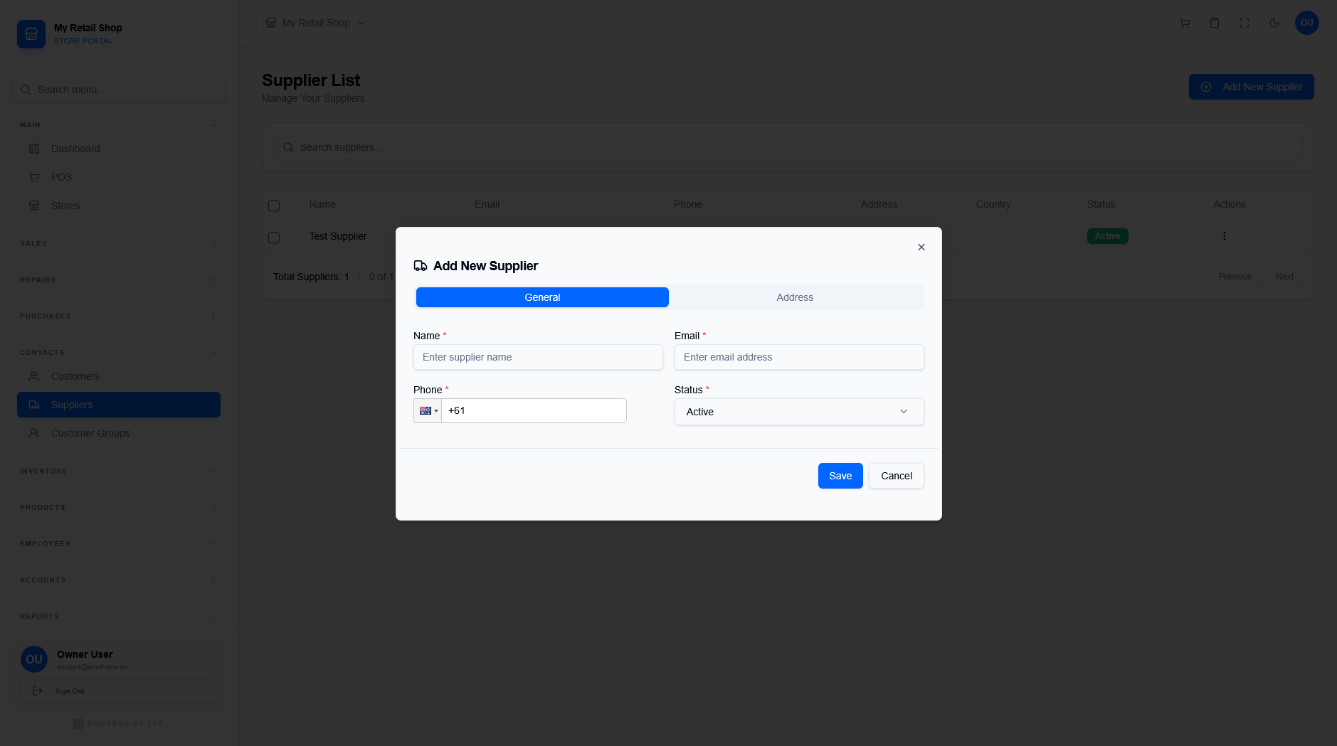 Add Supplier Modal - General Tab