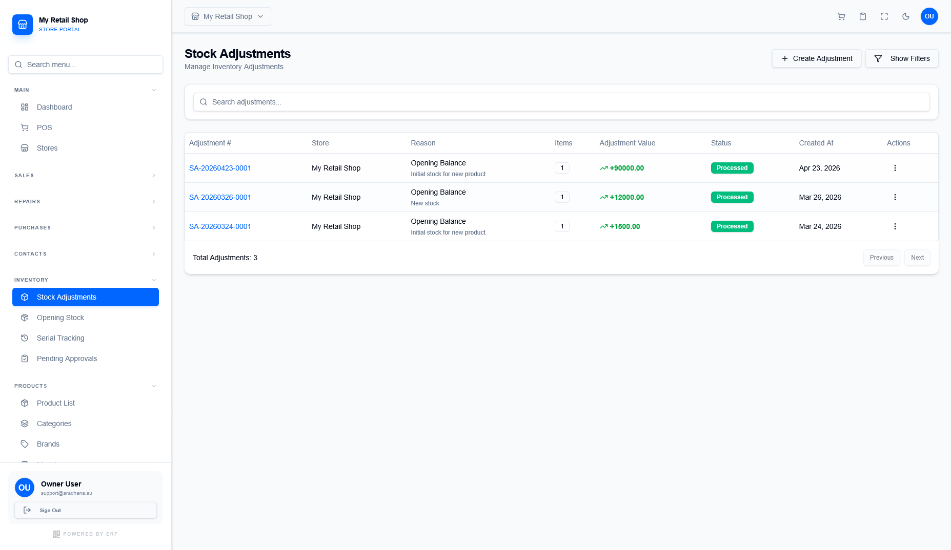Stock Adjustments Dashboard