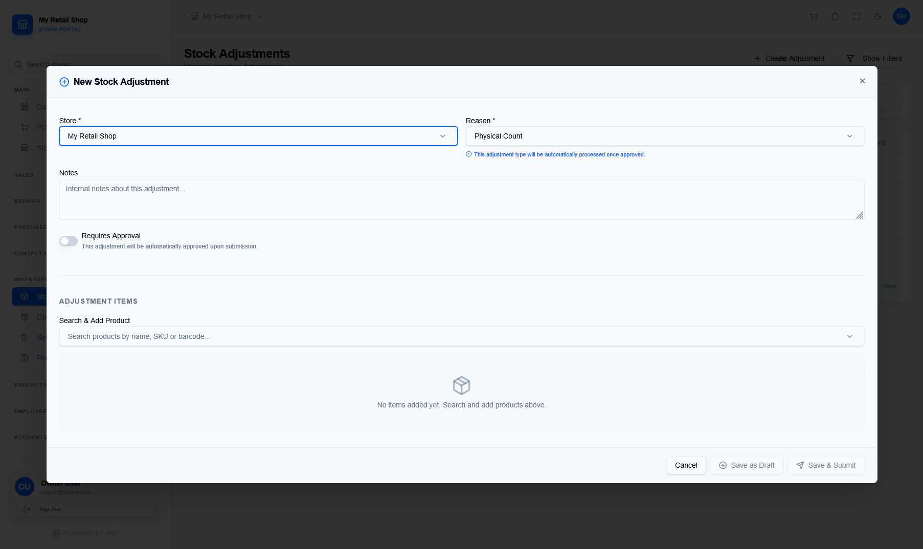 New Stock Adjustment Form
