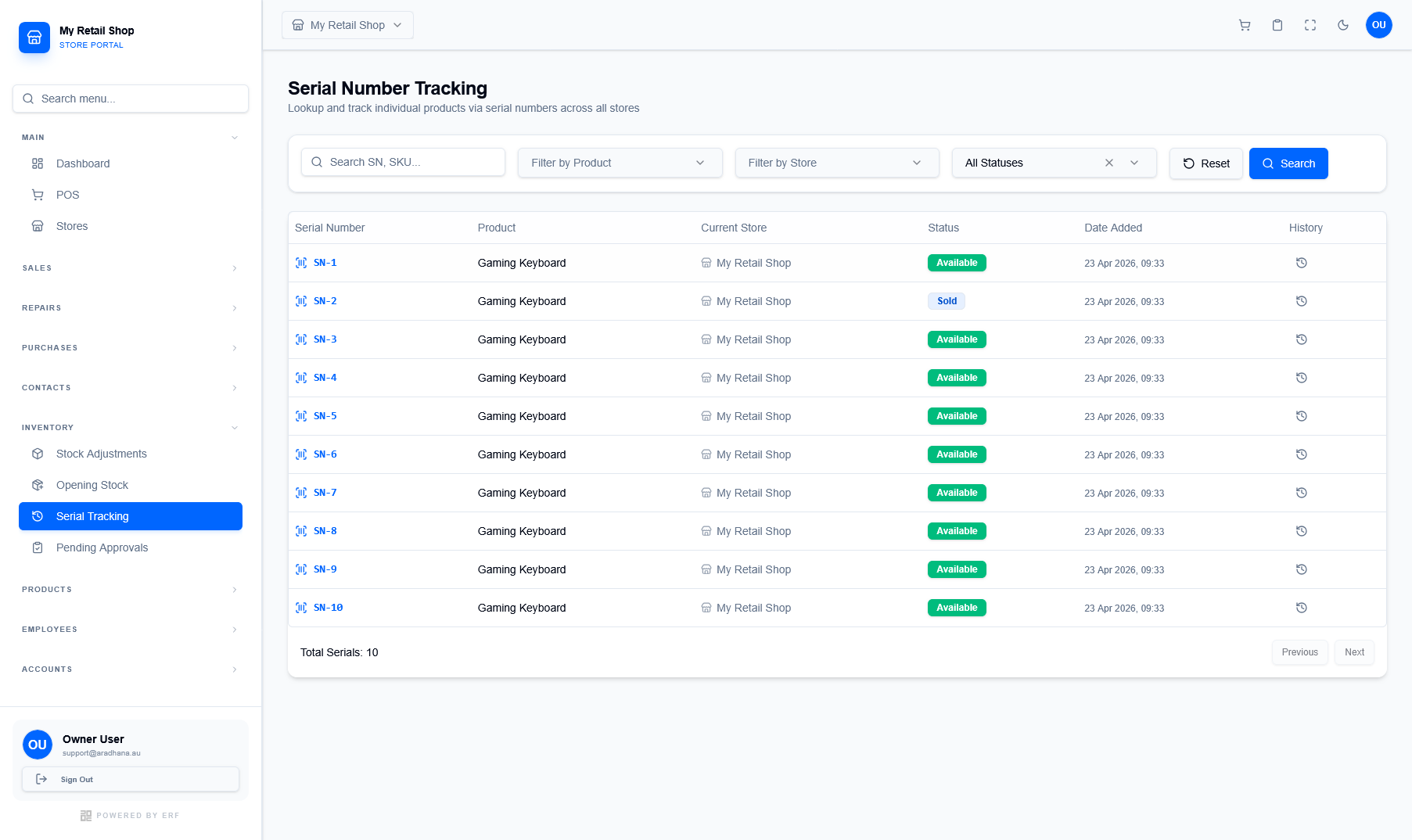 Serial Number Tracking Interface
