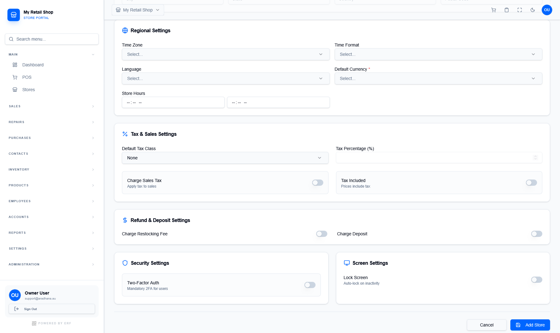Store Creation Form - Advanced Settings