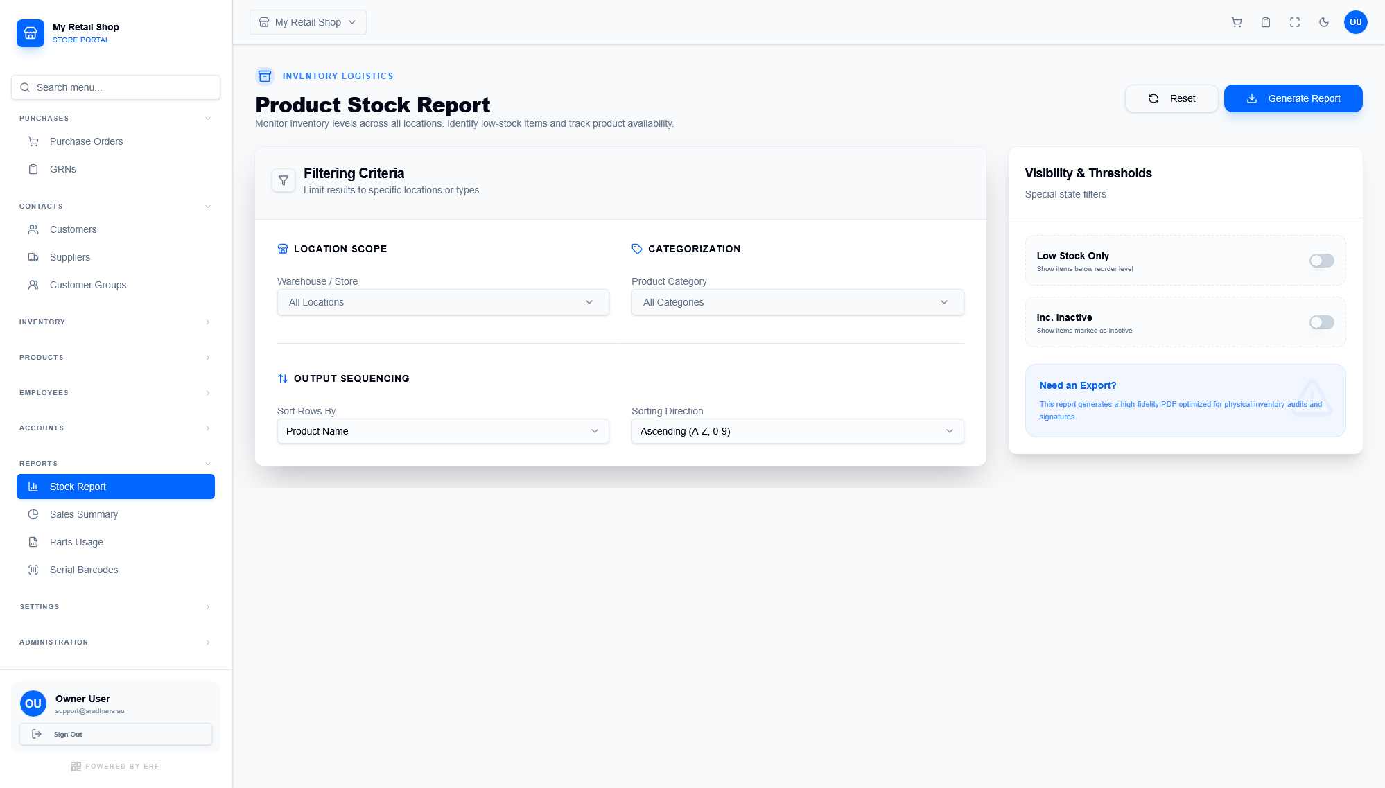 Product Stock Report Interface