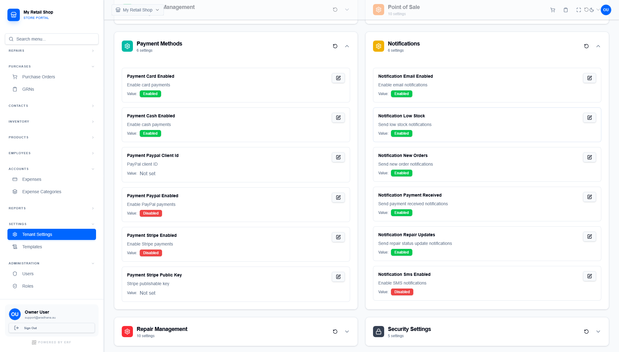 Tenant Settings - Payments & Notifications